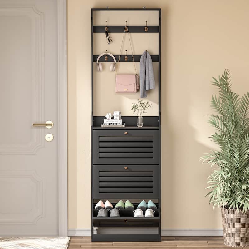 Anmytek White 78.7" H Tall Shoe Cabinet Wood Shoe Rack Organizer with Coat Racks and Flip Drawers