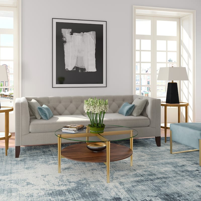 36-Inch Round Glass Coffee Table with Gold Steel Base and Shelf for Storage Modern Living Room Accent Piece - 36"L x 36"W x 17"H