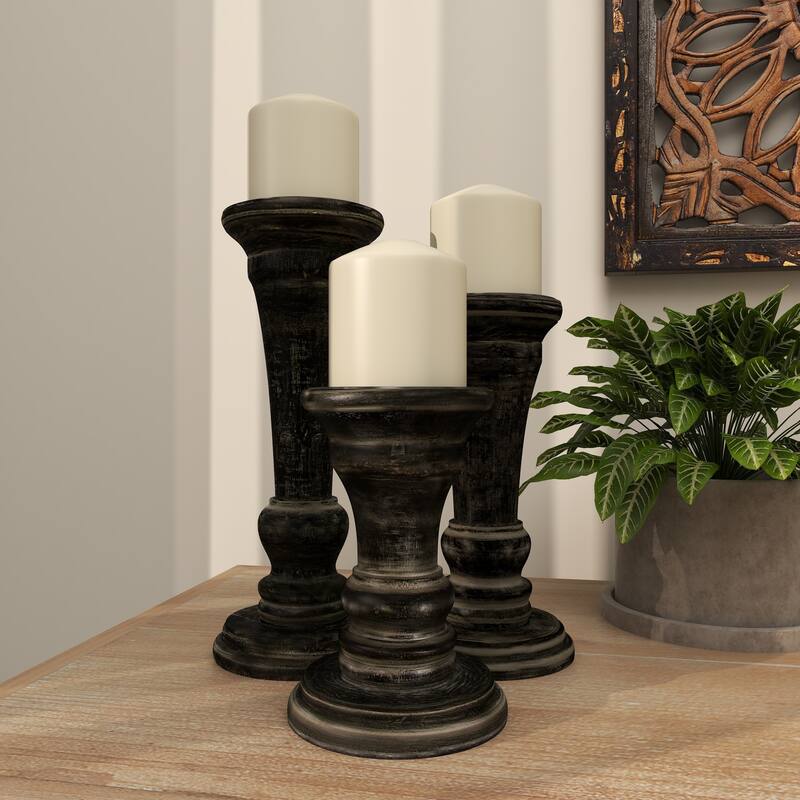 Black Mango Wood Traditional Candle Holder (Set of 3) - S/3 10", 8", 6"H
