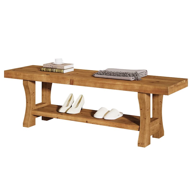 55 Inch Solid Wood Entryway Bench with Shoe Storage, 2-Tier End of Bed Bench Foyer Dining Bench - 55.1" W x 13.8" D x 17.7" H