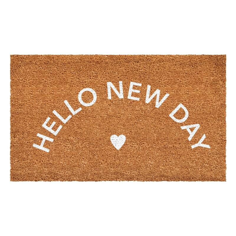 HomeRoots 17" X 29" Brown And White Hello New Day Outdoor Coir Door Mat - 17.00' X '29.00
