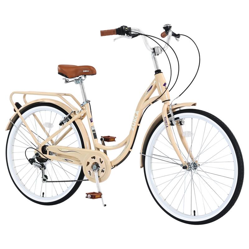26 Inch Women's Bike, 7-Speed Shimano Shifter, Steel Frame, City Commuter Bicycle with Brown Leather Saddle and V Brakes