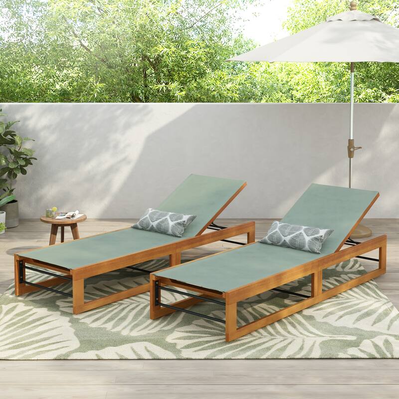 Roomfitters Outdoor Adjustable Chaise Lounge Chair, Poolside Relaxation Lounger with Acacia Frame - Mint Green+Teak (Set of 2)