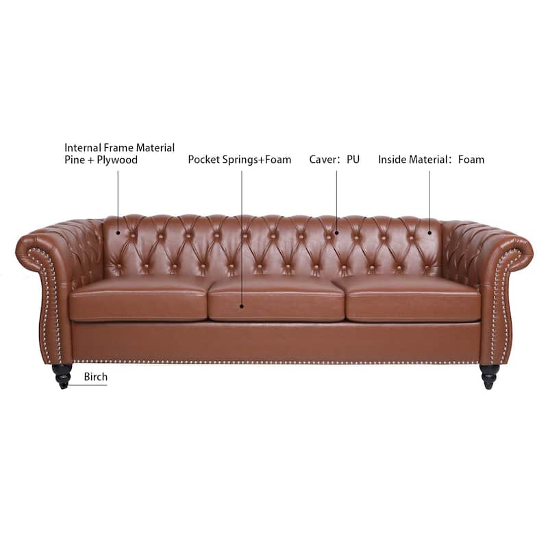 84.65" PU Leather Chesterfield Sofa with Rolled Arms (3-Seater)