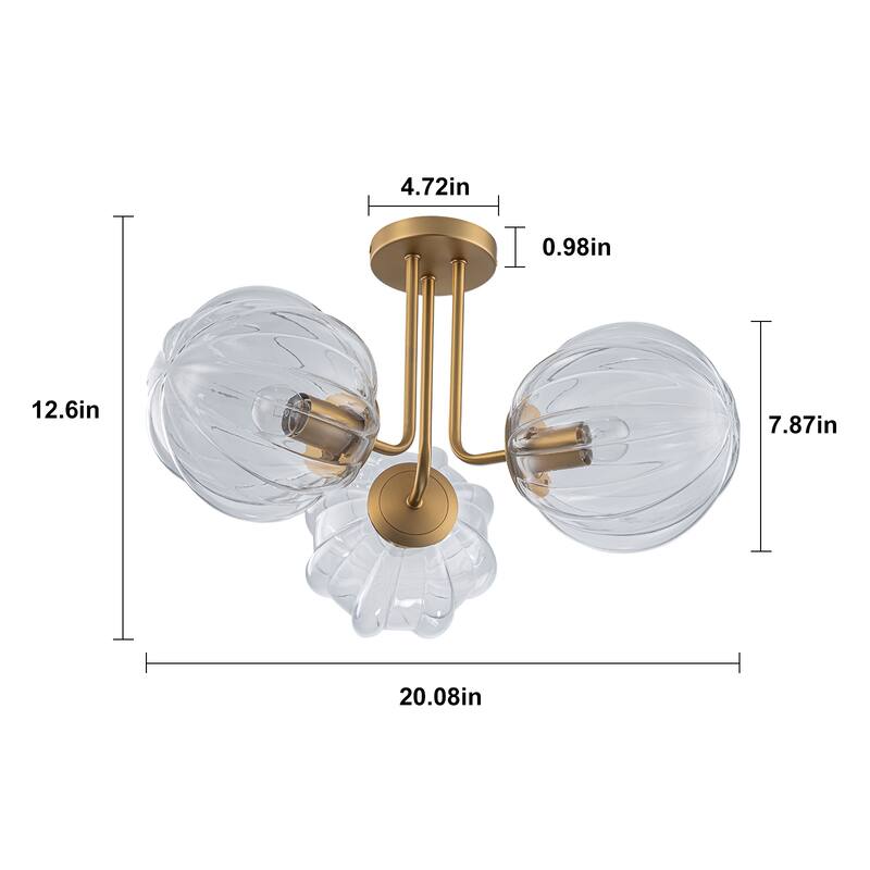 3-Light Contemporary Semi Flush Mount with Ripple Glass