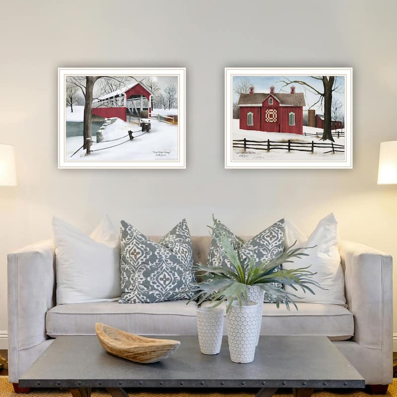 2-Piece Framed Wall Art Set - Lovers Knot Quilt Barn & Covered Bridge, White Frame