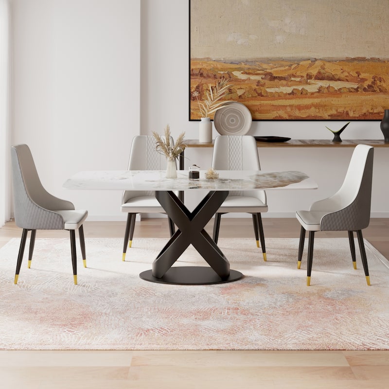 Marble Dining Table, Slate Panel with Metal Pedestal