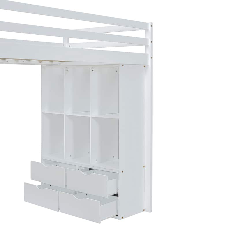 Twin Size Solid Wood Loft Bed with large shelves, writing desk and LED Light for Bedroom