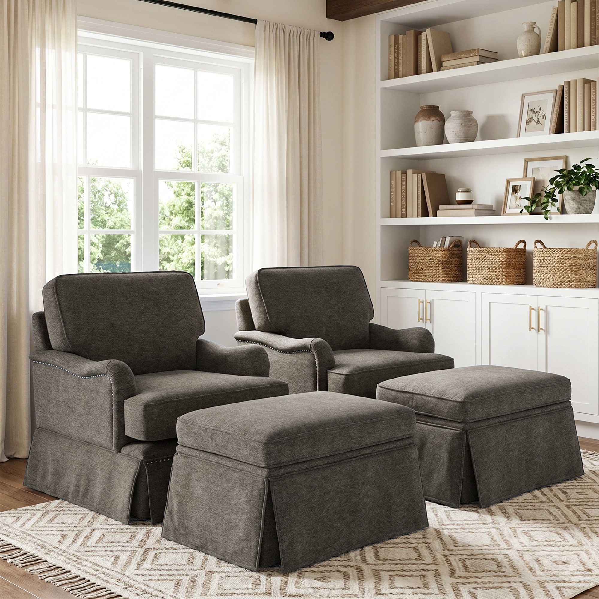 Set of 2 Chenille Swivel Accent Chairs with 2 Storage Ottomans, Nailhead Trim
