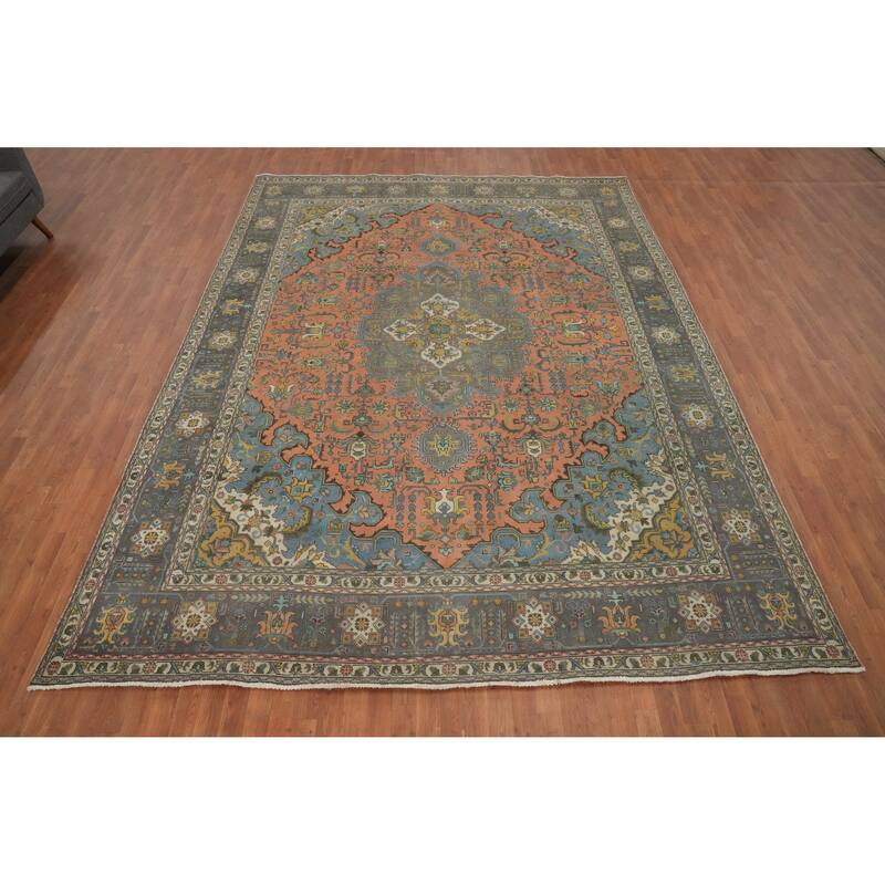 Hand Knotted Oriental 100% Wool Carpet Traditional Floral Coral Tabriz Area Rug - 12' 8'' X 9' 7''