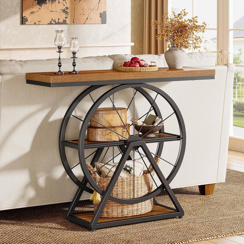 39.4" Console/Entryway Table, Industrial 3-Tier Sofa Table with Fixed Wheel Base - 39.37" L x 11.8" W x 33.46" H