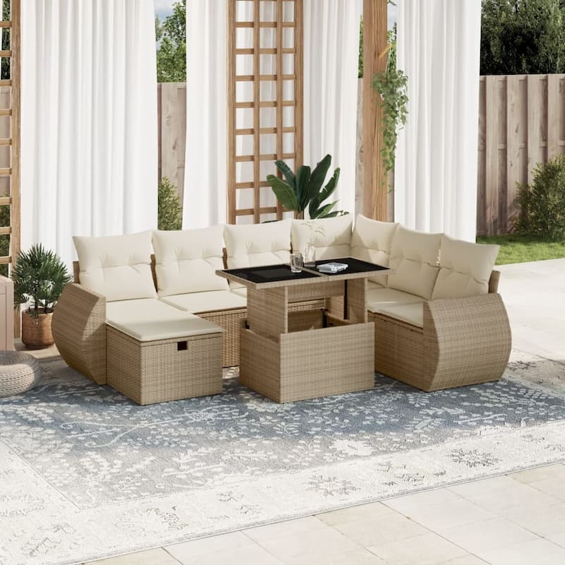 vidaXL Patio Sofa Set with Cushions Outdoor Furniture 8 Piece Poly Rattan - Beige and cream - 21.7 x 39.4 x 28.7 in