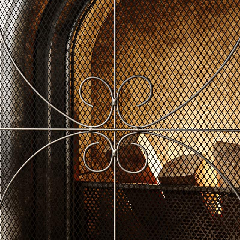Vintage Wrought Iron Fireplace Screen with Arched Top, Decorative Scroll Design, Sturdy Mesh Spark Guard for Home Hearth