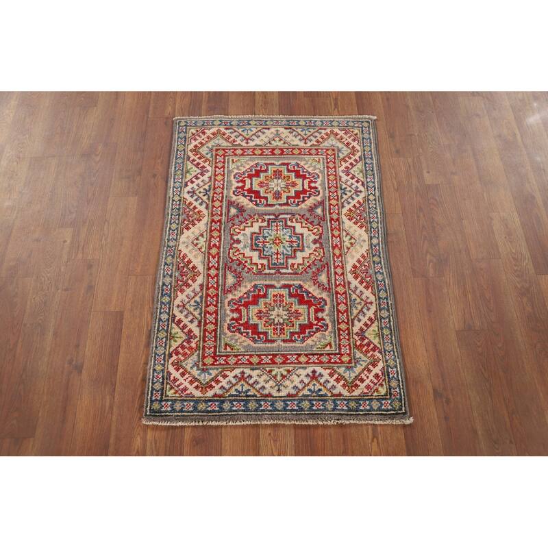 Hand Knotted Oriental 100% Wool Carpet Traditional Geometric Beige & Ivories Kazak Area Rug - 3' 0'' X 2' 0''