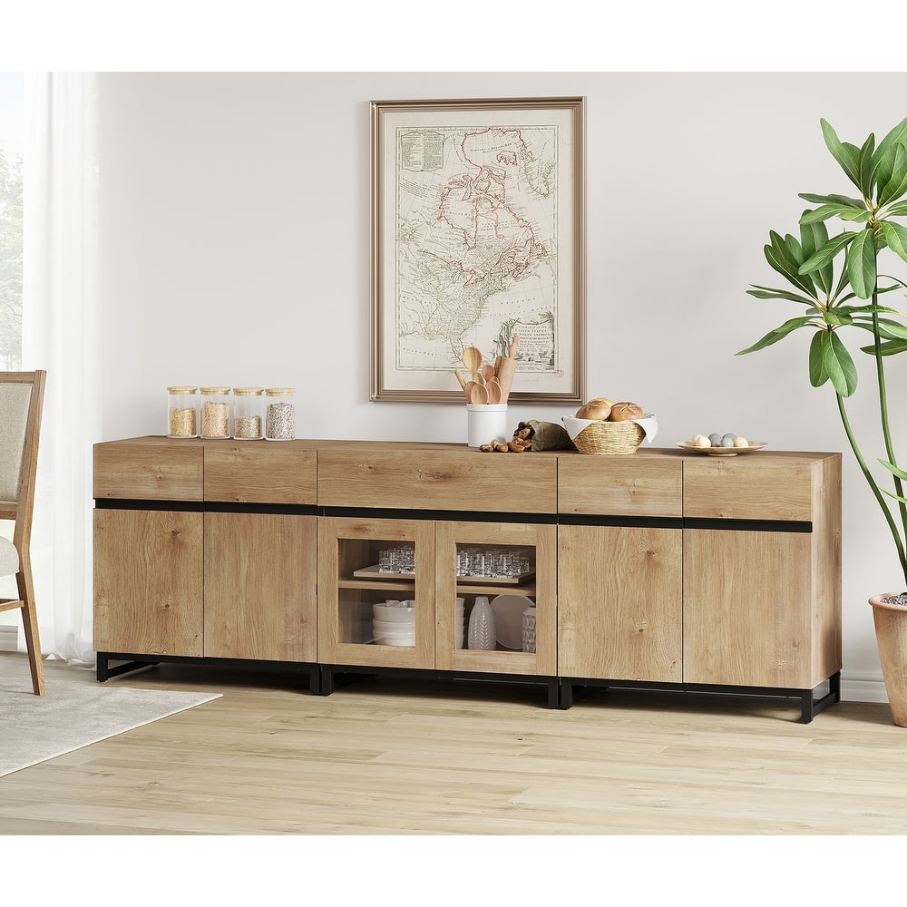 WAMPAT Modern Sideboard with Adjustable Shelves and Drawer, 3 in 1 Storage Cabinet with Glass Doors for Living Room, Kitchen