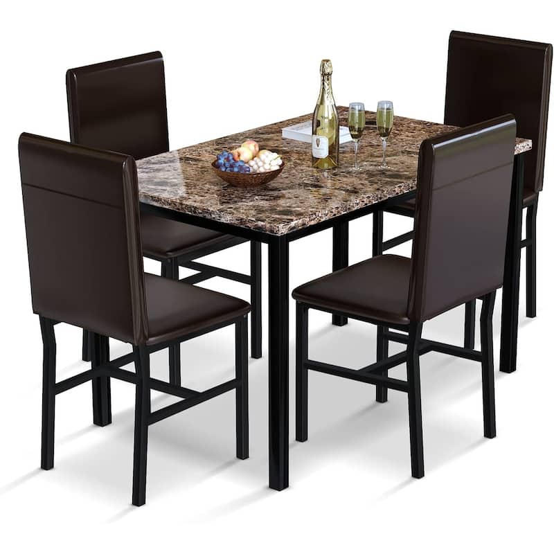 5 - Piece Dining Set, Faux Marble Kitchen Table & Chair Set, 4 Espresso Faux Leather Metal Frame Chairs for Home, Breakfast Nook