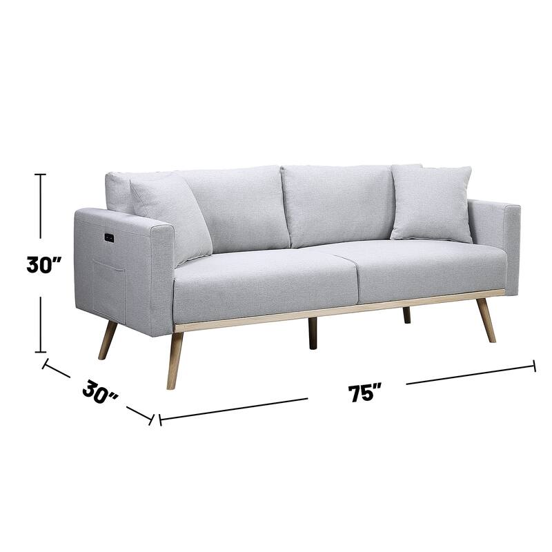 Linen Fabric Sofa with USB Charging Ports and 2 Pillows in Dark Gray