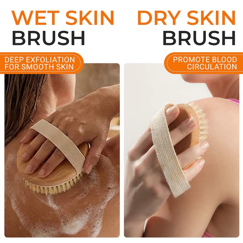 Cheer Collection Set of 2 Natural Bristle Body Brushes Round and Oval with Hand Strap for Wet or Dry Use