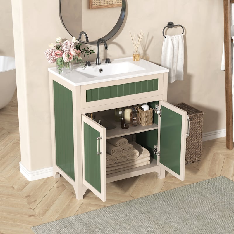 30" Wood Bathroom Vanity Cabinet with Ceramic Sink,Adjustable Shelf