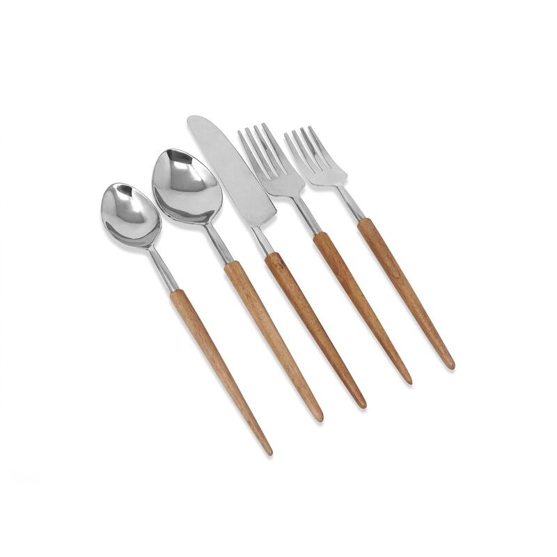 Service for 4 - 20 Pc Flatware Set with Wooden Pointy Handles