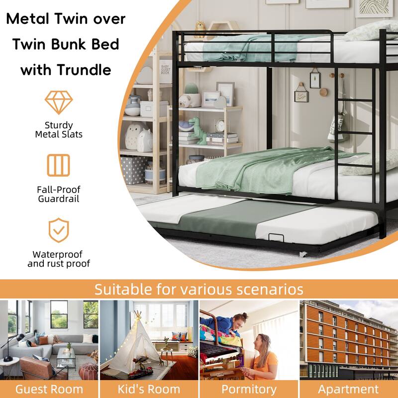 Durable Iron Bunk Bed with Twin Over Full Design, Trundle, Safety Rails, Ladder & Space-Saving Modern Metal Frame
