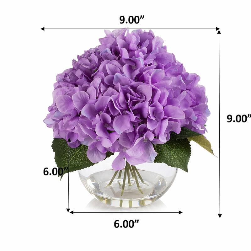 Hydrangea Artificial Flowers in Round Glass Vase with Faux Water, Silk Flower Arrangements in Vase for Home Decor, Wedding Table