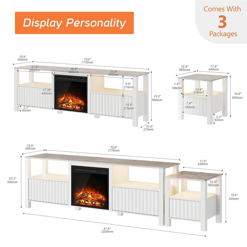 Fireplace TV Stand for 75 Inch TV Entertainment Center, White, 70 Inch