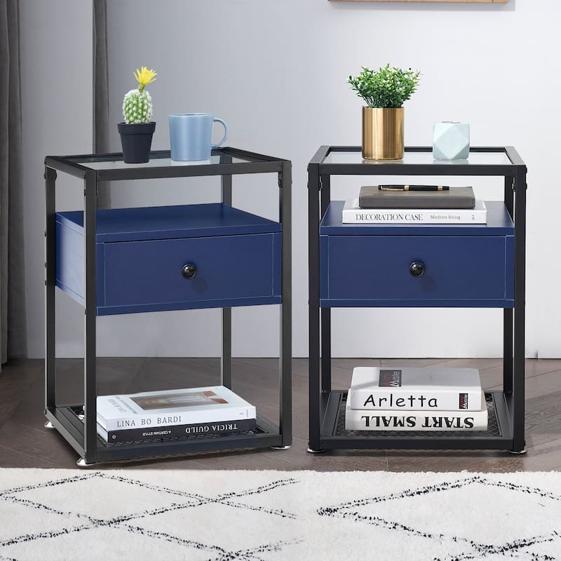 VECELO Modern Square Nightstands Set of 2 with Tempered Glass Top - Dark Blue