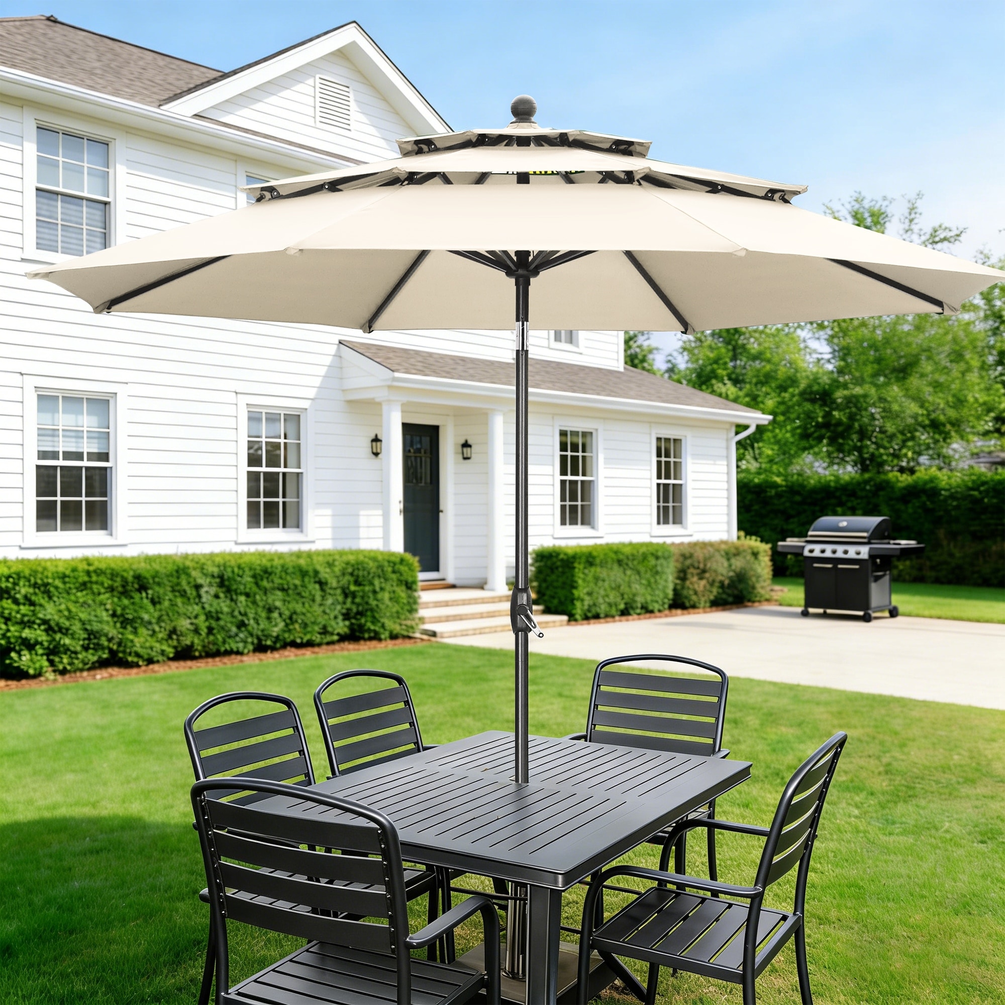Ainfox 10 ft Patio Outdoor Umbrella with 3 Tiers and Crank Tilt Market Table Umbrella