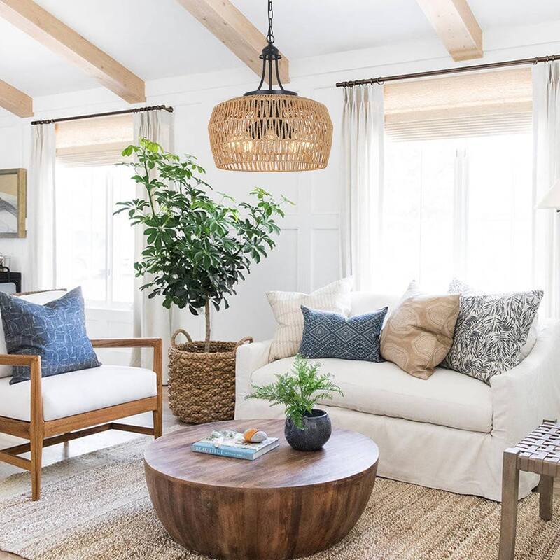 Large Farmhouse Chandeliers for Dining Room, 5-Light Rattan Chandelier Light Fixture with Wicker Lampshade