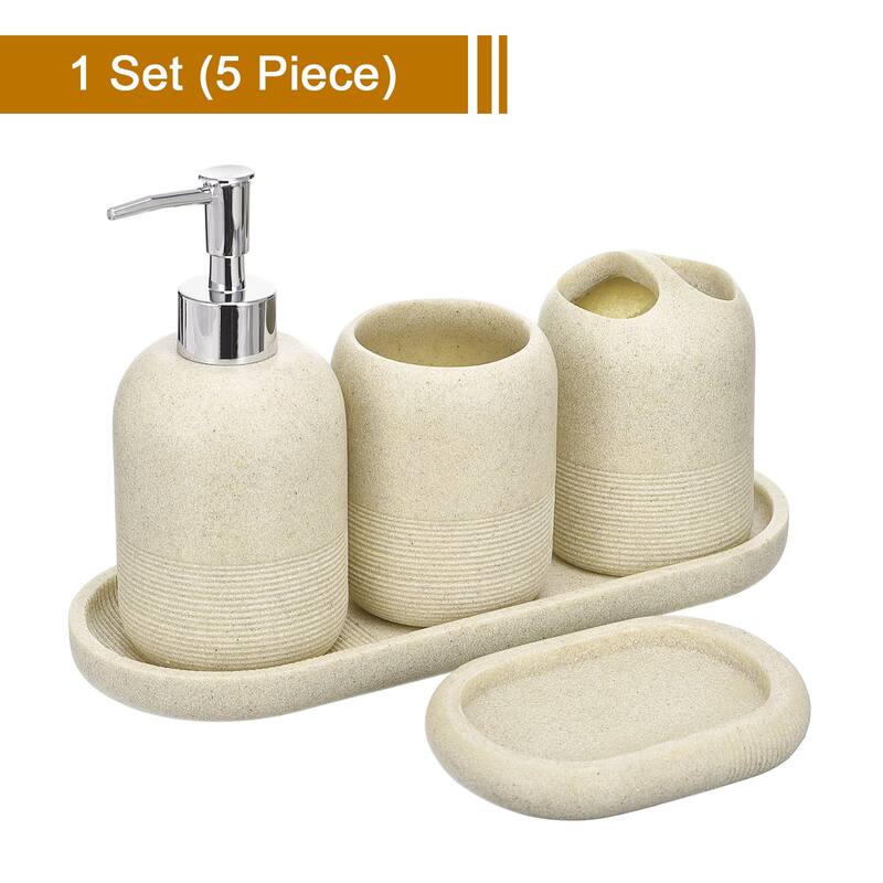 5pc Bathroom Accessories Set Stone Toothbrush Tumbler Holder - Beige