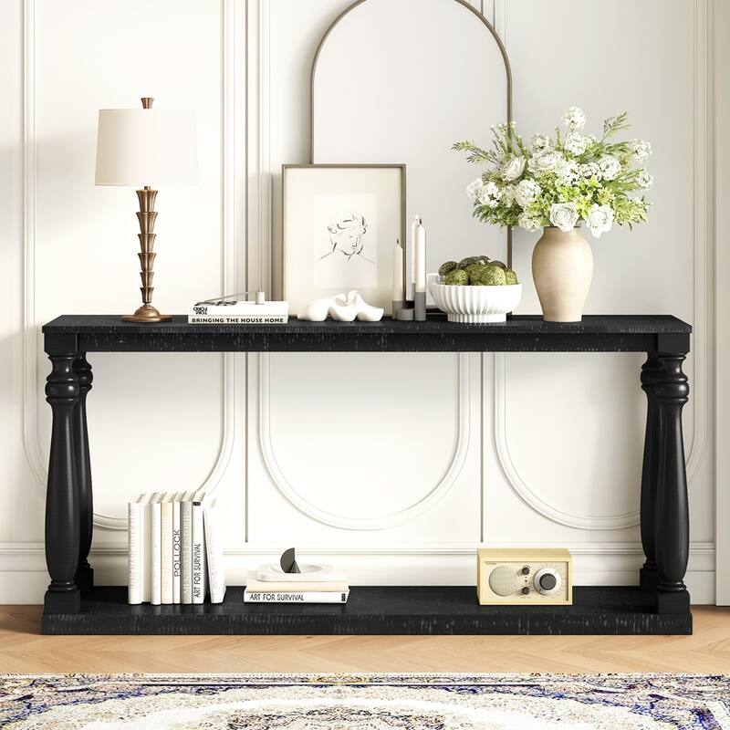 Vintage Wood Grain Console Table with Bottom Shelf and Four Vase Legs