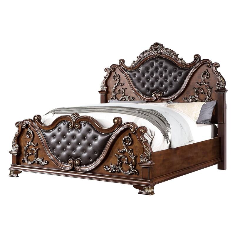 Prio King Bed w Carved Details, Brown Button Tufted Faux Leather, Brown