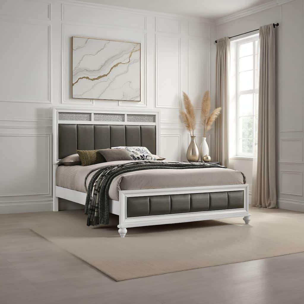 Dini Queen Panel Bed, Glitter Headboard, Channeled Metallic Gray Upholstery