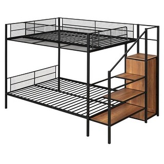 Black Twin Over Full Metal Bunk Bed Lateral Storage Ladder & Wardrobe