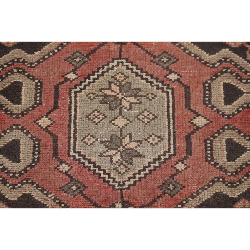 Geometric Orange Hamedan Vintage Runner Rug Handmade Wool Carpet - 3'6" x 10'1"
