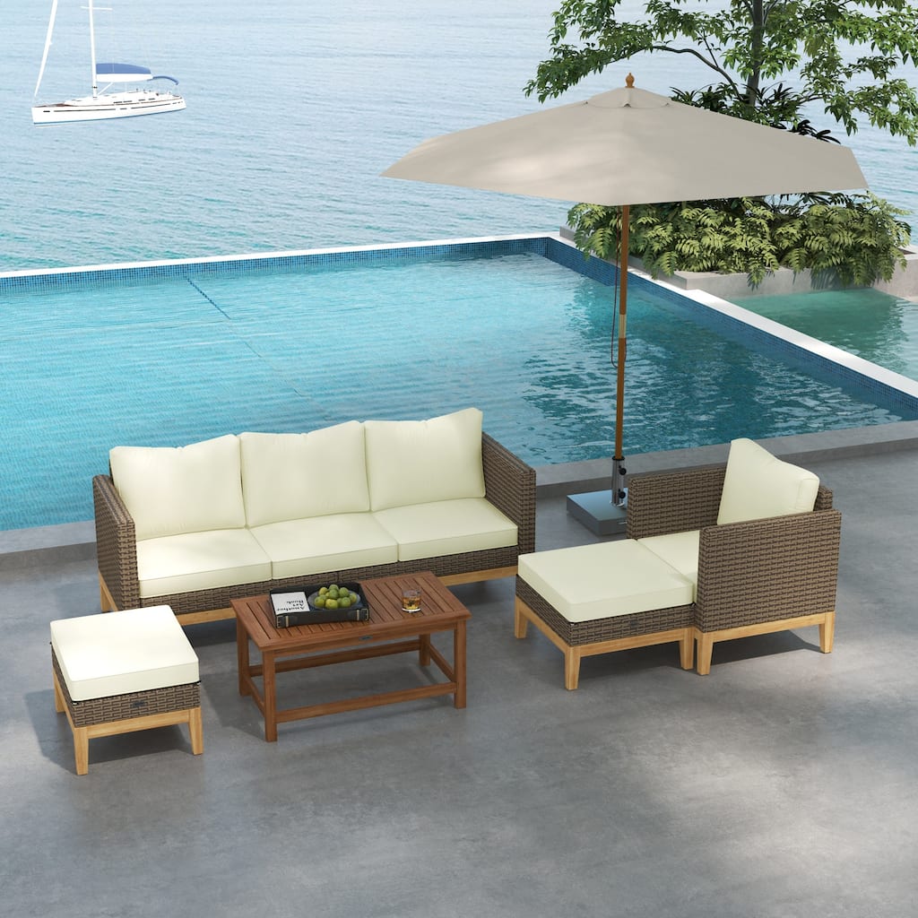 Outsunny Wooden Patio Furniture Set with Thick Padded Cushions, 5-Piece PE Rattan Sectional Sofa with Acacia Wood Top Coffee