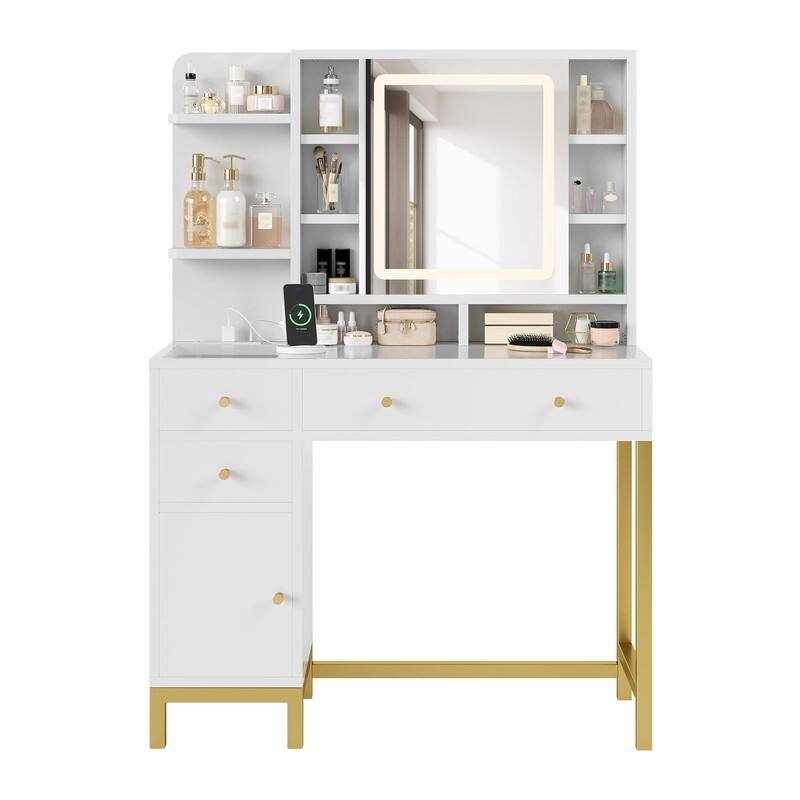 Makeup Vanity Desk with LED Lighting, Large Mirror, 3 Drawers, Cabinet & Open Shelves