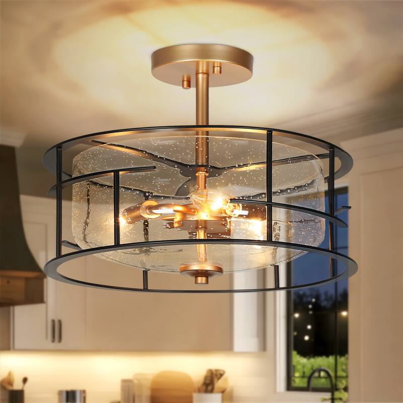 Modern 3-Light Black Gold Drum Flush Mount Ceiling Lights - 14 " D × 13 " H