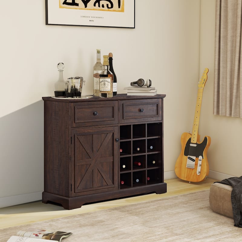Barn Door Buffet Bar Cabinet With Drawers And Storage Shelves