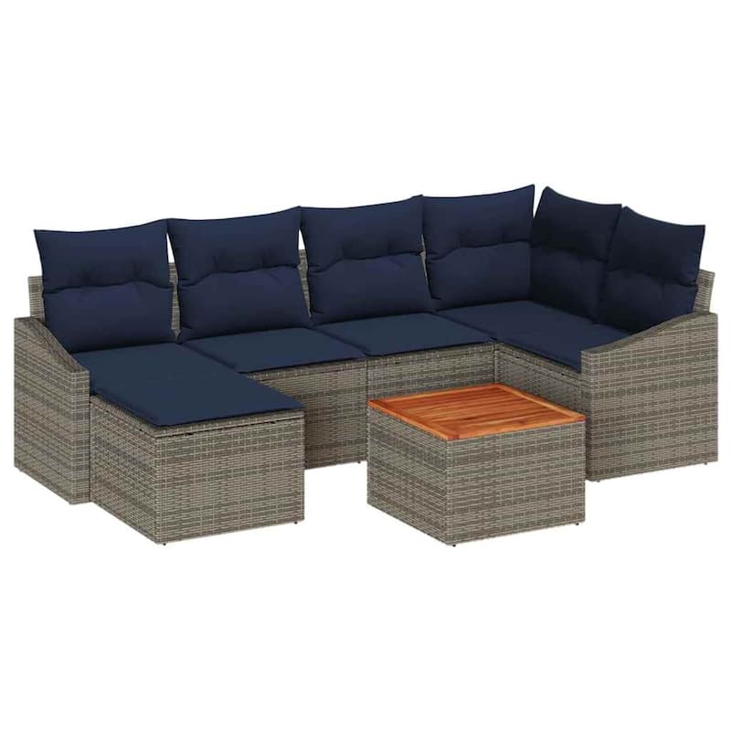 vidaXL 7 Garden Sofa Set with Cushions Black/Grey Poly Rattan - 91.9 x 48.6 x 27.2