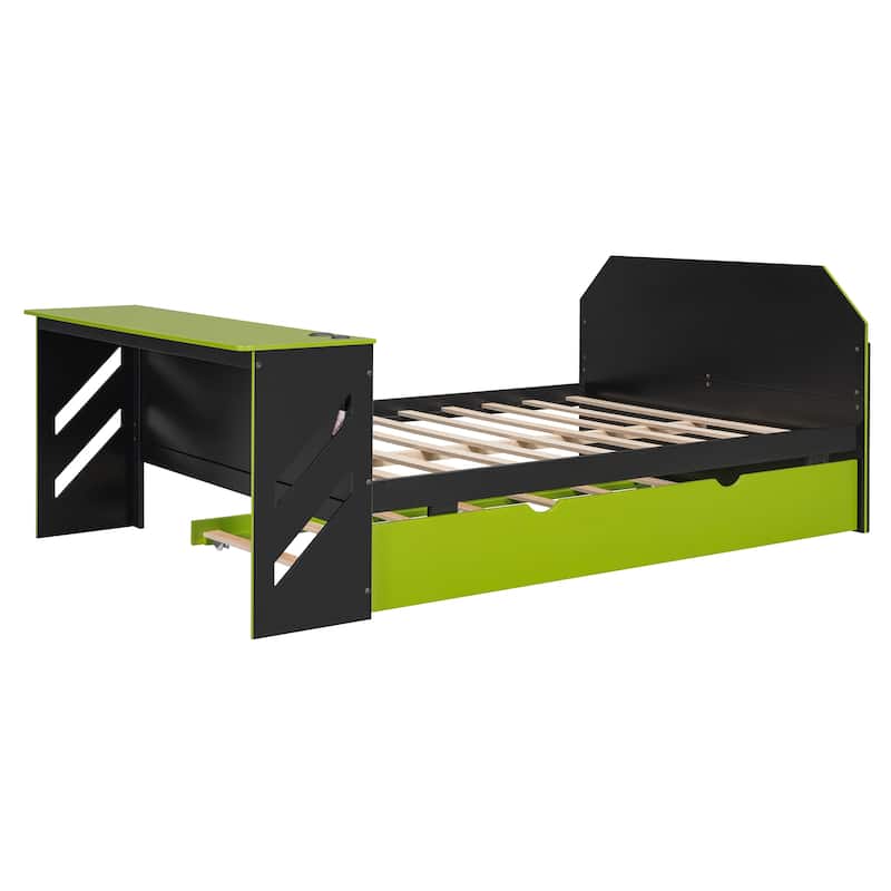 Full Daybed with Trundle, Wood Daybed with Built-in Desk and USB Charging Station, Twin Trundle Bed with Storage