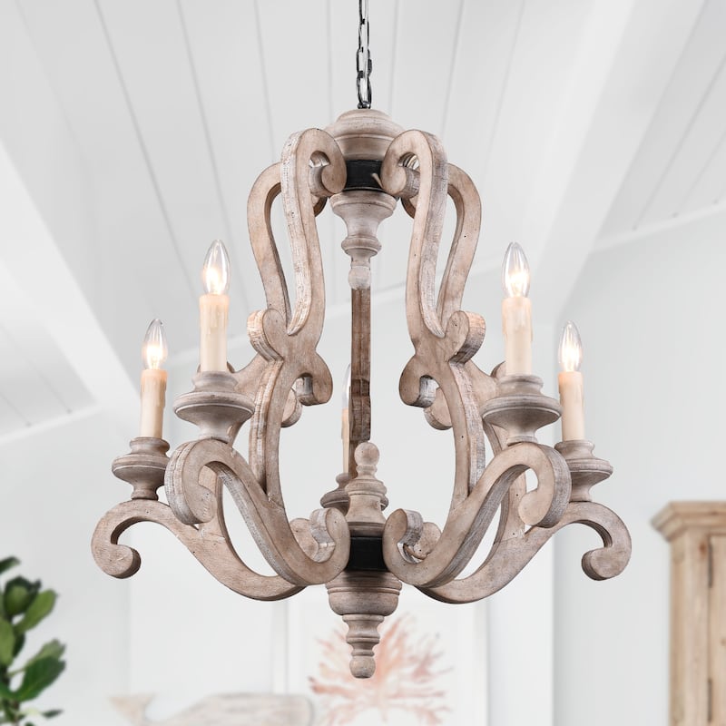 Oaks Aura French Country 5-Light Wood Rustic Pendant Ceiling Light ,Farmhouse Shabby Chic Candle Chandelier - Weathered Wood