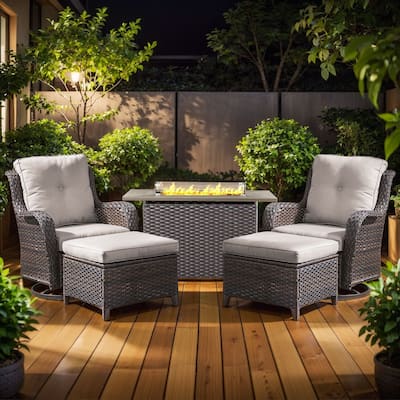 Gymojoy 5-Piece Outdoor Furniture Set, 2 Swivel Glider Chairs, 2 Ottomans & 55K BTU Fire Pit Table