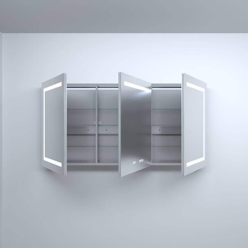 Rectangular Aluminum Recessed/Surface Mount Medicine Cabinet in Silver with Mirror LED and Clock