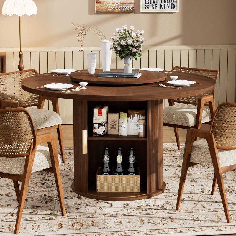 55-inch round dining table for 6, featuring a double-tiered storage rack and a rotating tabletop tray