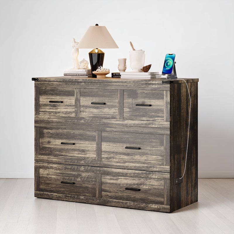Foldable Murphy Bed Cabinet Full/Queen with USB & Type-C Ports and Storage Drawer for Guest Room