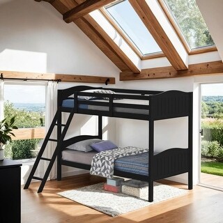 Elegant Twin over Twin Bunk Bed with Camelback Headboard, Angled Ladder, Guardrails & Mission-Style Design, Black