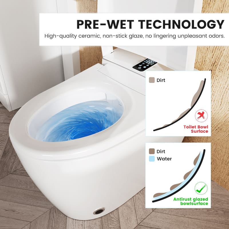 Elongated Smart Toilet with Bidet Wash, Heated Seat, Warm Air Dry, Remote Control, Auto Flush, LED Display