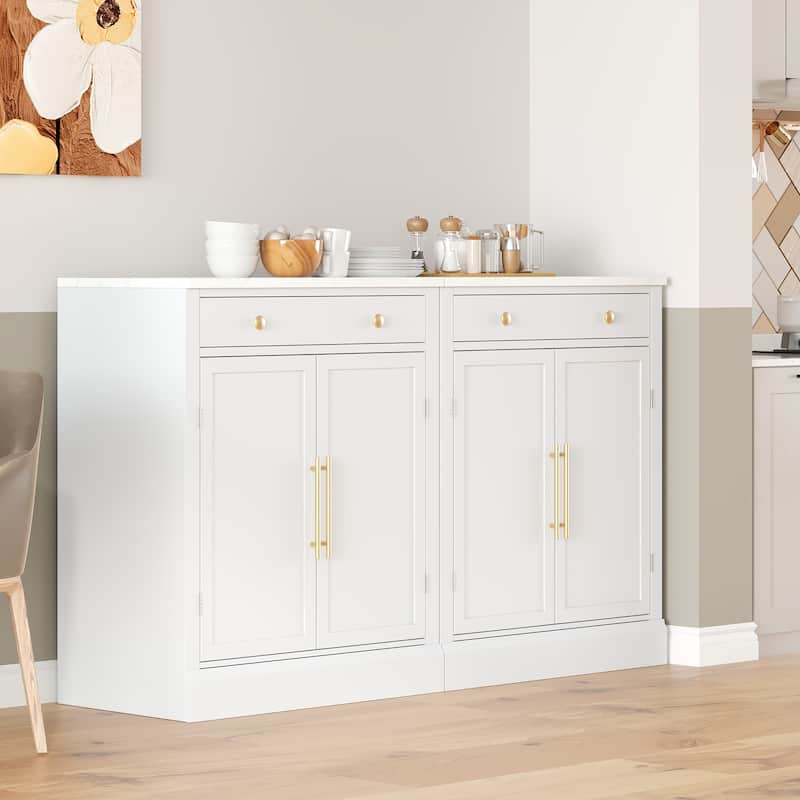 Roomfitters Modern Freestanding Kitchen Pantry, Buffet and Coffee Bar Cabinet, Set of 2, White - White